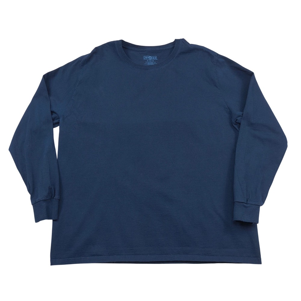 Jerzees Mens XL Navy Blue Long Sleeve T-Shirt 100% Cotton Solid Crew Neck Basic